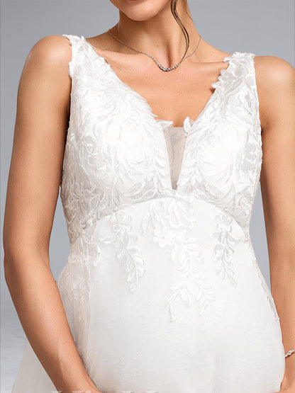 Robe de Bal Col V sans Manches Longue Élégante pour Grossesse avec Appliqués