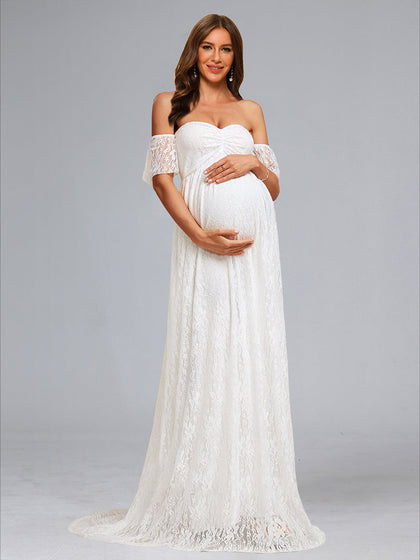 Robes de Maternité en Dentelle Ruchée à Manches Courtes sans Bretelles Style A-Line/Princesse avec Appliqués