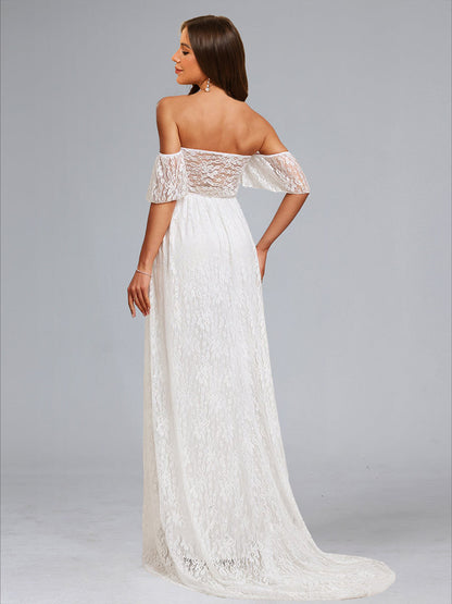 Robes de Maternité en Dentelle Ruchée à Manches Courtes sans Bretelles Style A-Line/Princesse avec Appliqués