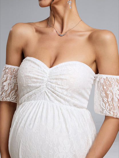 Robes de Maternité en Dentelle Ruchée à Manches Courtes sans Bretelles Style A-Line/Princesse avec Appliqués