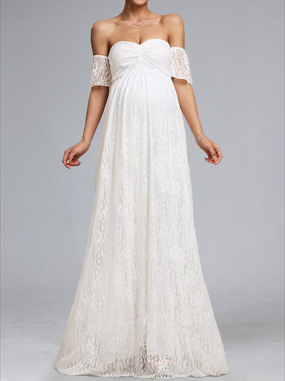 Robes de Maternité en Dentelle Ruchée à Manches Courtes sans Bretelles Style A-Line/Princesse avec Appliqués