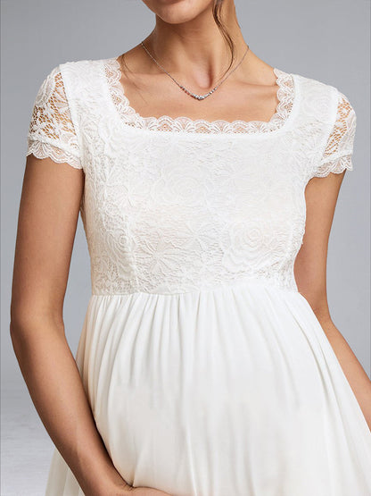 Robes de Maternité Longues à Col Carré, Manches Courtes, Style Princesse/Ligne A, avec Appliques