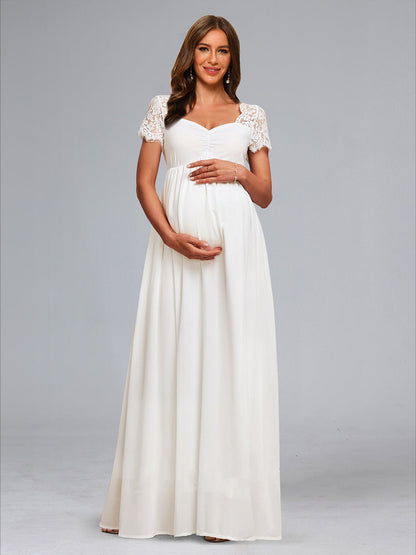 Robes de Maternité Trapèze/Princesse à Décolleté Cœur, Manches Courtes, Plissées avec Appliques