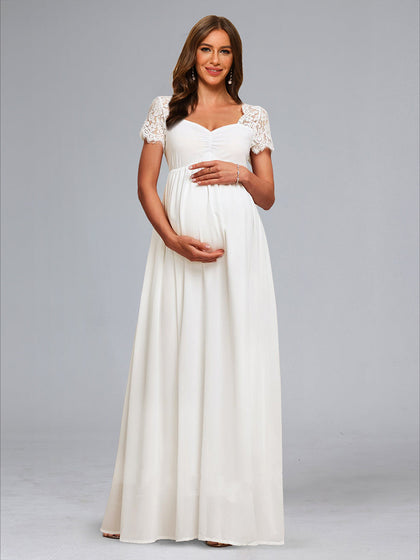 Robes de Maternité Trapèze/Princesse à Décolleté Cœur, Manches Courtes, Plissées avec Appliques