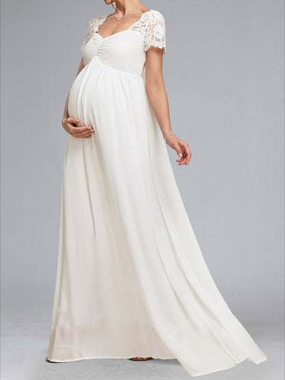 Robes de Maternité Trapèze/Princesse à Décolleté Cœur, Manches Courtes, Plissées avec Appliques