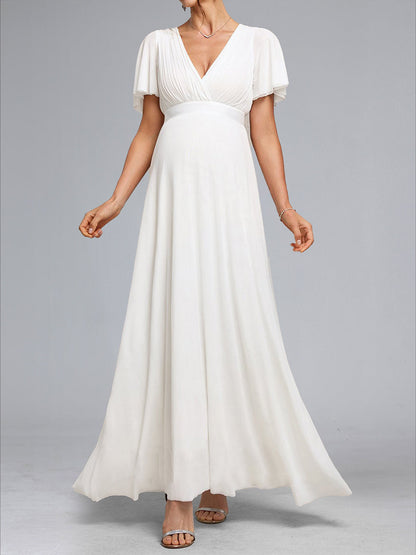 Robes de Maternité Longueur Sol à Col en V, Style Princesse/Ligne A, Plissées avec Volants