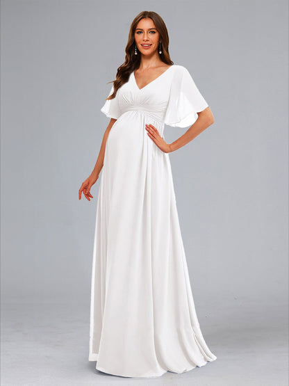 Robes de Maternité Longues à Col en V, Style A-Line/Princesse, avec Manches Flottantes Plissées et Volants