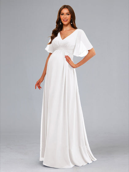 Robes de Maternité Longues à Col en V, Style A-Line/Princesse, avec Manches Flottantes Plissées et Volants