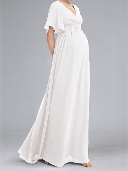 Robes de Maternité Longues à Col en V, Style A-Line/Princesse, avec Manches Flottantes Plissées et Volants