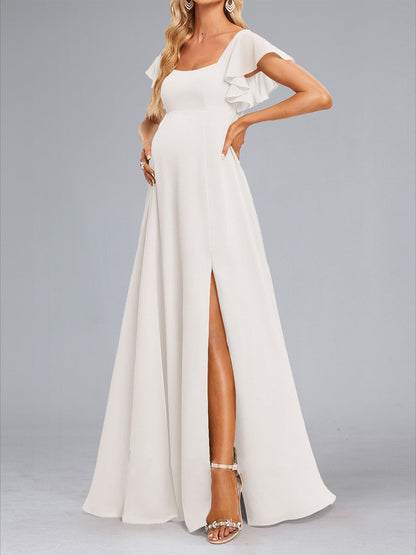 Robes de Maternité en Chiffon Ligne A/Princesse Col Carré avec Volants et Fente Latérale