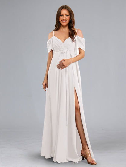 Robes de Maternité Longues Au Sol Style A-Line/Princesse avec Épaule Dénudée, Froncées, Fente Latérale et Ceinture