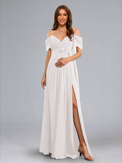 Robes de Maternité Longues Au Sol Style A-Line/Princesse avec Épaule Dénudée, Froncées, Fente Latérale et Ceinture