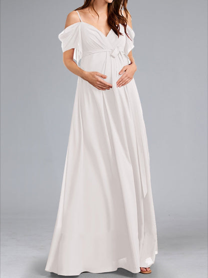 Robes de Maternité Longues Au Sol Style A-Line/Princesse avec Épaule Dénudée, Froncées, Fente Latérale et Ceinture