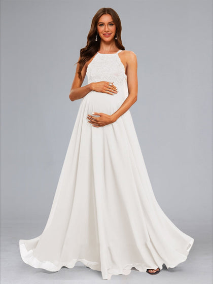 Robes de Maternité en Chiffon Style A-Line/Princesse, Col Montant, sans Manches, Longueur Au Sol, avec Dentelle