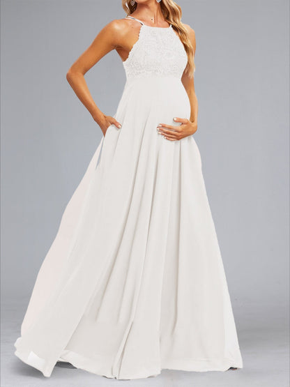 Robes de Maternité en Chiffon Style A-Line/Princesse, Col Montant, sans Manches, Longueur Au Sol, avec Dentelle
