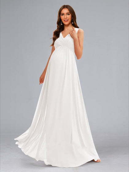 Robes de Maternité Longueur Sol Style A-Line/Princesse avec Plis, Col en V, sans Manches et Ruchés