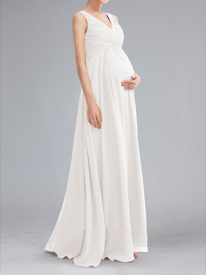 Robes de Maternité Longueur Sol Style A-Line/Princesse avec Plis, Col en V, sans Manches et Ruchés