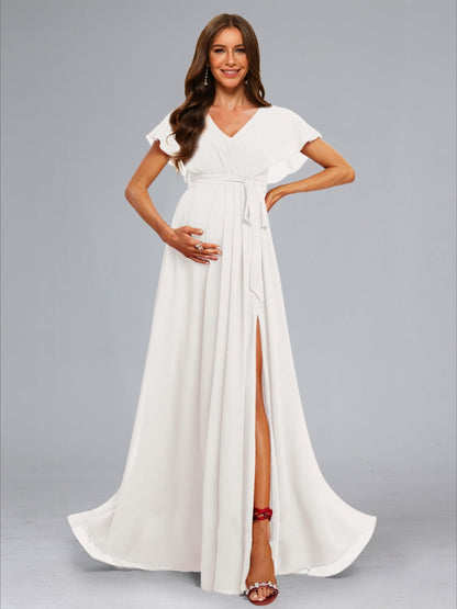 Robes de Maternité Élégantes A-Line/Princesse Col V Manches Flottantes Plissées avec Ceinture et Fente Latérale