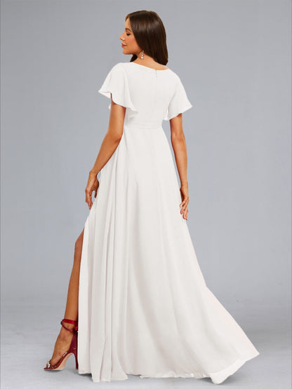 Robes de Maternité Élégantes A-Line/Princesse Col V Manches Flottantes Plissées avec Ceinture et Fente Latérale