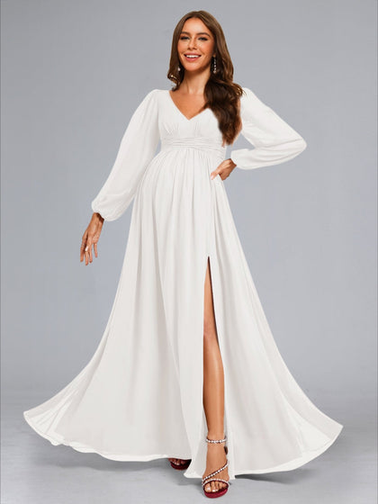 Robes de Maternité Trapèze/Princesse à Col en V, Manches Longues, Plissées, Longueur Au Sol avec Fente Latérale et Volants
