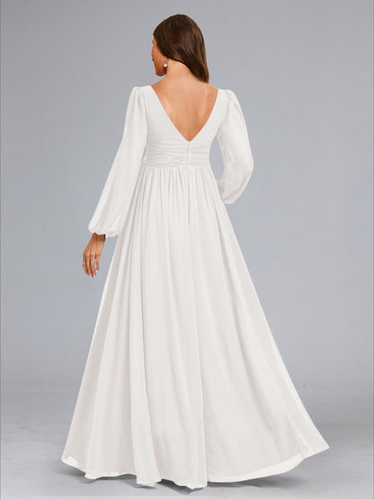 Robes de Maternité Trapèze/Princesse à Col en V, Manches Longues, Plissées, Longueur Au Sol avec Fente Latérale et Volants