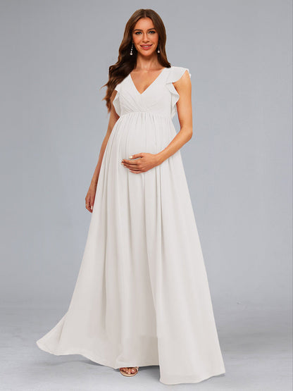 Robes de Maternité Longueur Sol en Chiffon Style A-Line/Princesse sans Manches avec Fronces et Volants