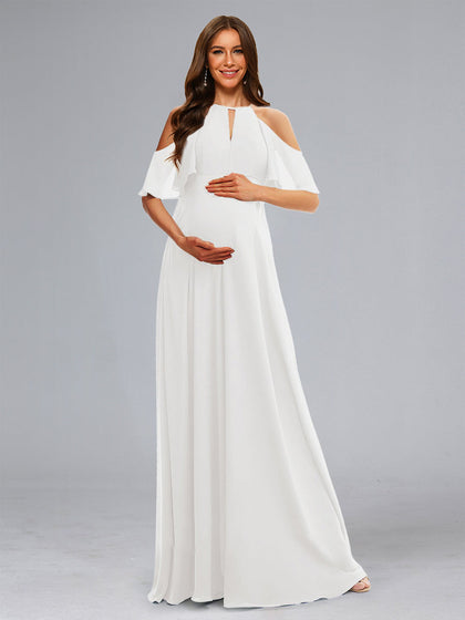 Robes de Maternité Longues Au Sol avec Volants, Style Princesse/Ligne A, Col Halter