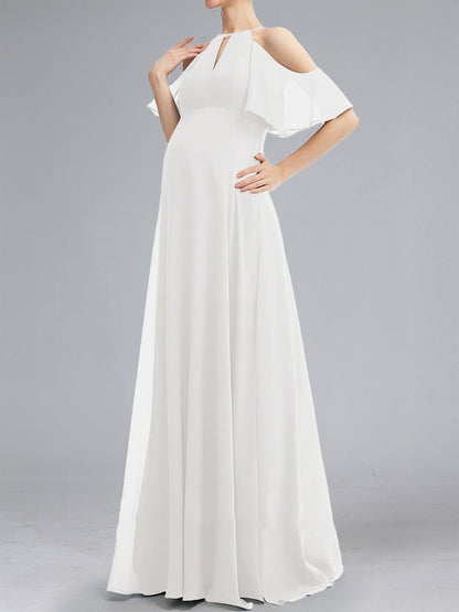 Robes de Maternité Longues Au Sol avec Volants, Style Princesse/Ligne A, Col Halter