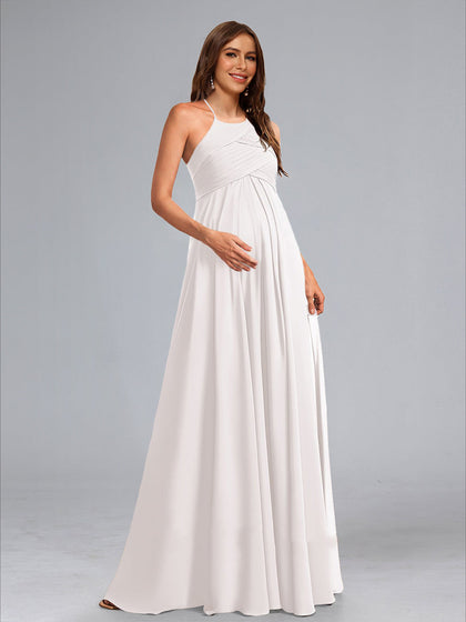 Robes de Maternité Longues en Chiffon Plissé à Col Montant et Ligne A avec Fronces