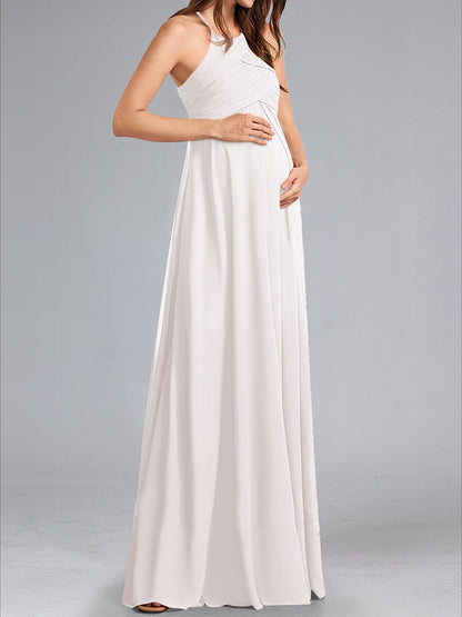 Robes de Maternité Longues en Chiffon Plissé à Col Montant et Ligne A avec Fronces