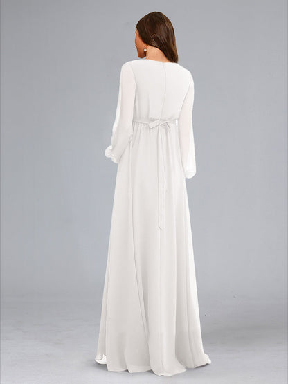 Robes de Maternité Ligne A Col en V Manches Longues Longueur Au Sol avec Ceinture et Fente Latérale