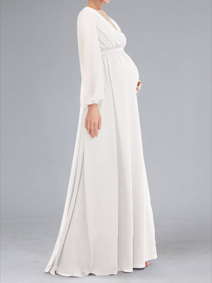Robes de Maternité Ligne A Col en V Manches Longues Longueur Au Sol avec Ceinture et Fente Latérale