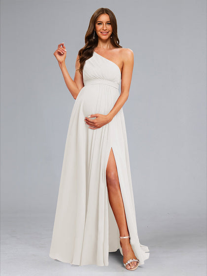 Robes de Maternité Longues en Chiffon à Une Épaule, Style A-Line/Princesse, Plissées avec Fente Latérale
