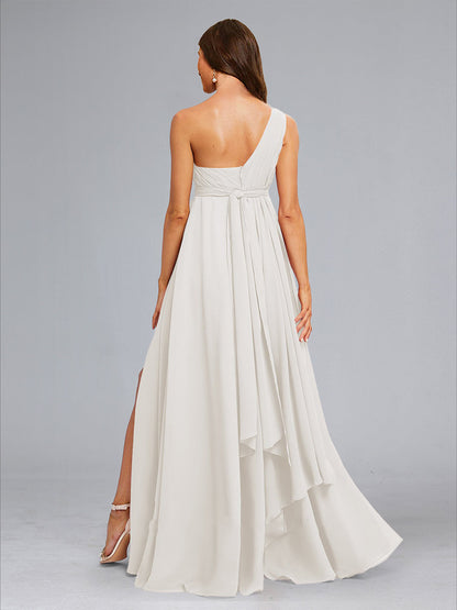 Robes de Maternité Longues en Chiffon à Une Épaule, Style A-Line/Princesse, Plissées avec Fente Latérale