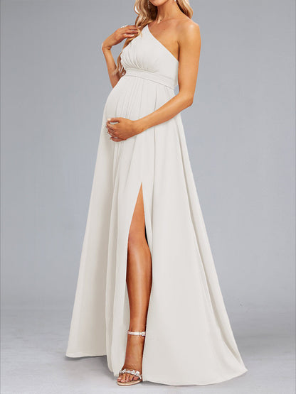 Robes de Maternité Longues en Chiffon à Une Épaule, Style A-Line/Princesse, Plissées avec Fente Latérale