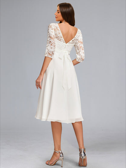 Robe de Mariée de Maternité en Mousseline Ligne A/Princesse, Col Rond, Longueur Genou, avec Nœud