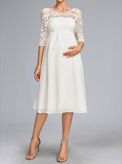Robe de Mariée de Maternité en Mousseline Ligne A/Princesse, Col Rond, Longueur Genou, avec Nœud