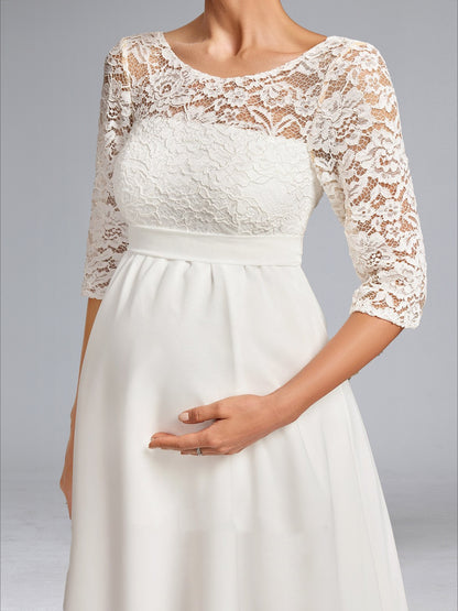 Robe de Mariée de Maternité en Mousseline Ligne A/Princesse, Col Rond, Longueur Genou, avec Nœud
