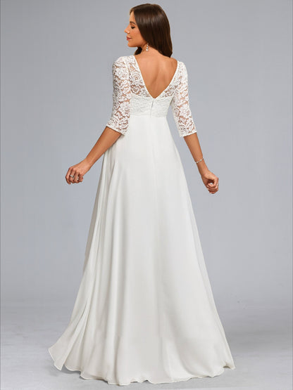 Robe de Mariée de Maternité en Mousseline Ligne A/Princesse, Col Rond, Longueur Sol, avec Dentelle