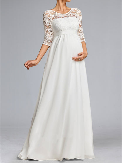 Robe de Mariée de Maternité en Mousseline Ligne A/Princesse, Col Rond, Longueur Sol, avec Dentelle