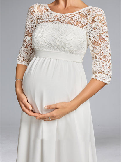 Robe de Mariée de Maternité en Mousseline Ligne A/Princesse, Col Rond, Longueur Sol, avec Dentelle