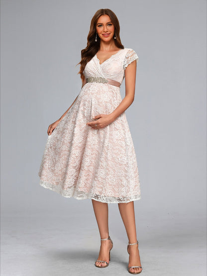 Robe de Mariée de Maternité en Dentelle Ligne A/Princesse, Col en V, Longueur Genou, avec Ceinture