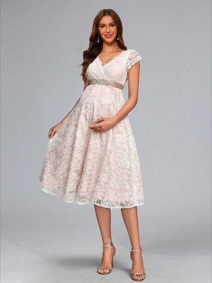 Ligne A/Princesse Col en V Longueur Genou Dentelle Robe de Mariée Maternité avec Ceinture