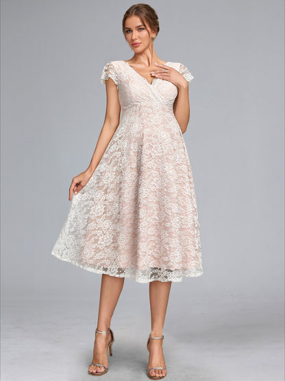 Robe de Mariée de Maternité en Dentelle Ligne A/Princesse, Col en V, Longueur Genou, avec Ceinture