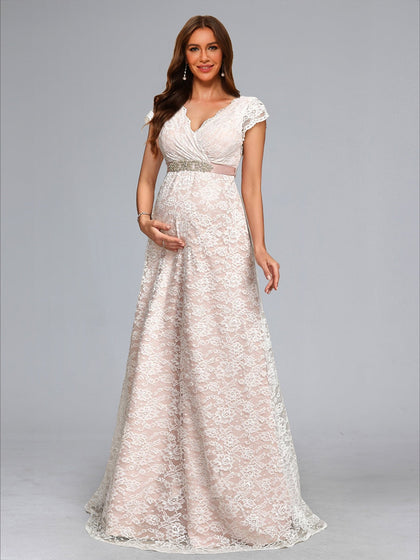 Ligne A/Princesse Col en V Longueur du Sol Dentelle Robe de Mariée Maternité avec Ceinture