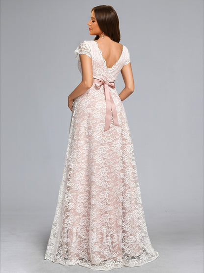 Robe de Mariée de Maternité en Dentelle Ligne A/Princesse, Col en V, Longueur Sol, avec Ceinture
