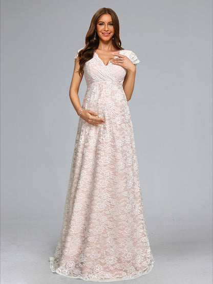 Robe de Mariée de Maternité en Dentelle Ligne A/Princesse, Col en V, Longueur Sol, avec Ceinture