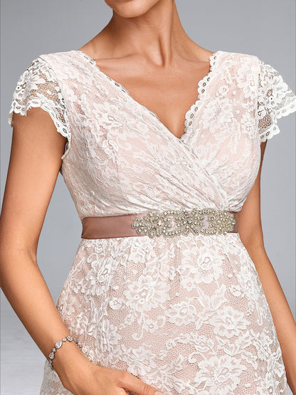 Robe de Mariée de Maternité en Dentelle Ligne A/Princesse, Col en V, Longueur Sol, avec Ceinture