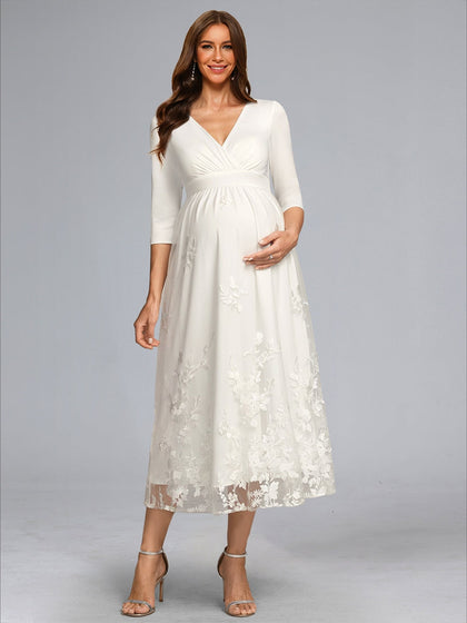 Ligne A/Princesse Col en V 3/4 Manches Longueur Thé Dentelle Robe de Mariée Maternité avec Noeud Papillon