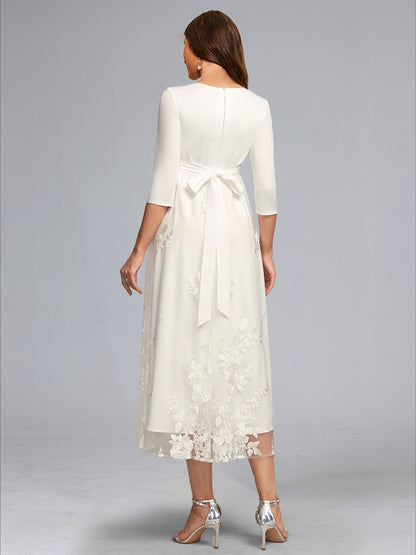 Robe de Mariée de Maternité en Dentelle Ligne A/Princesse, Col en V & Manches 3/4, Longueur Thé, avec Nœud Papillon